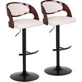 Pino Adjustable Swivel Bar Stool in Black Metal, Cherry Wood & White Leatherette (Set of 2)